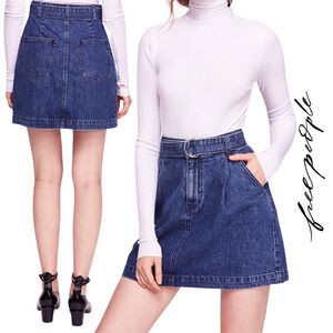 Free People  Jade Denim Belted Pleat Front Skirt w/Pockets Indigo Blue SZ 26 NWT